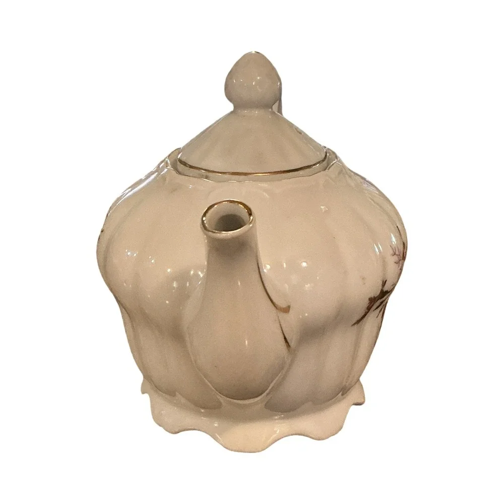Vintage Musical Ceramic Teapot Pink Rose‎ Gold Floral Scalloped Cream Porcelain